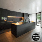 Contemporary kitchen with black cabinetry, island, and natural light in West London.Kitchen Development by Buyers and Sellers
